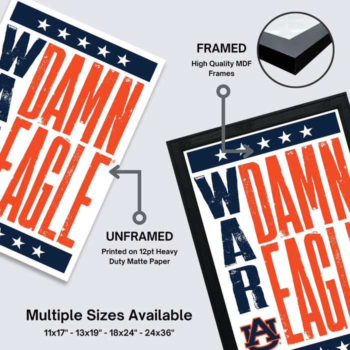 The image is a collage of two framed and two unframed posters, each featuring the text "DAMN EAGLE" in a stylized font. The framed poster has a black border and a white star, while the unframed poster has a white border and a black star. The collage also includes text indicating that multiple sizes are available, ranging from 11x17 to 24x36 inches, and that the collage is a single image with no redundancy or vague descriptions.