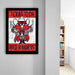A framed poster of a Texas Tech Red Raiders character hangs on a wall, with a bookshelf visible in the background.