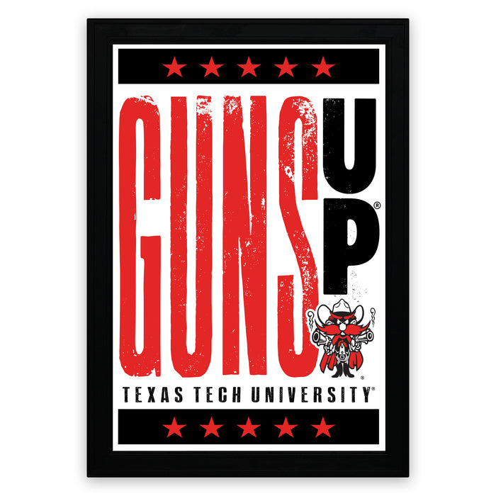 a framed poster with the text "GUNS UP" prominently displayed in large red letters. Below the text, there is a smaller image of a character wearing a cowboy hat. The poster is framed in a black border with red stars.