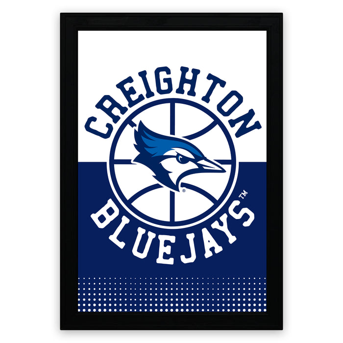 A framed poster featuring the logo of the Creighton Bluejays basketball team.