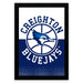 A framed poster featuring the logo of the Creighton Bluejays basketball team.