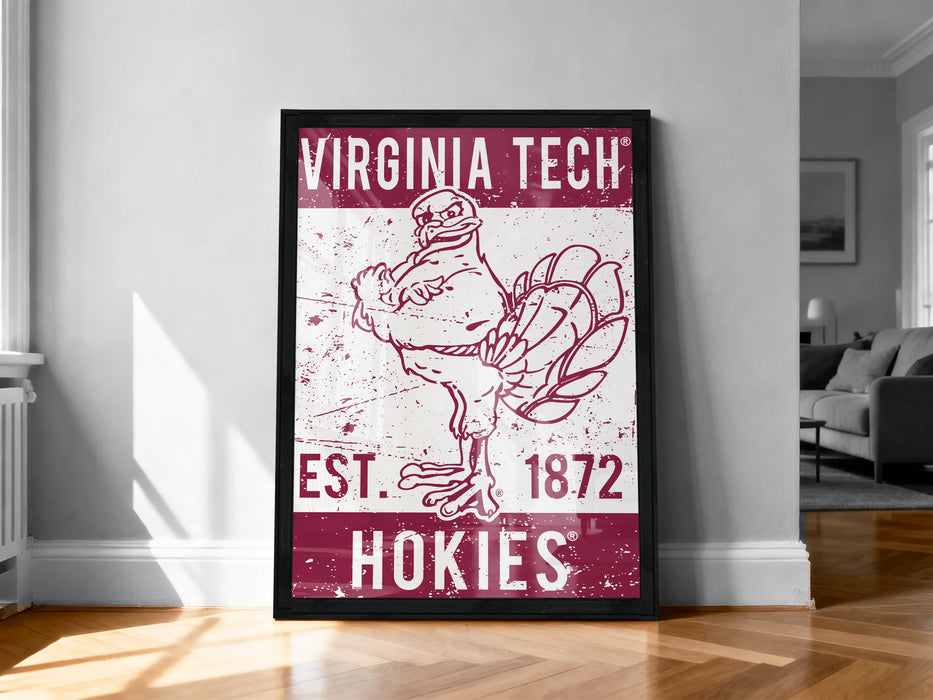 A framed poster featuring a turkey with a banner that reads "VIRGINIA TECH EST. 1872 HOKIES".