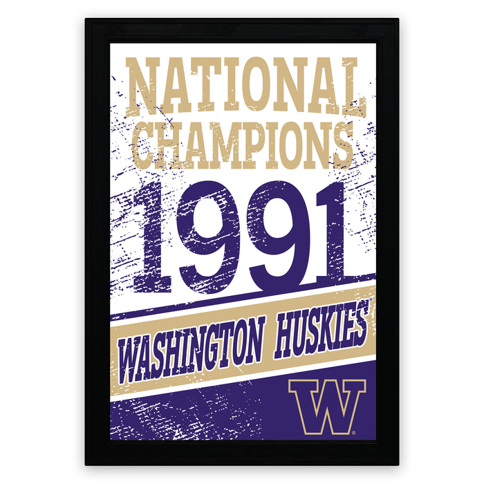 The image is a framed poster celebrating the Washington Huskies' 1991 national championship victory.