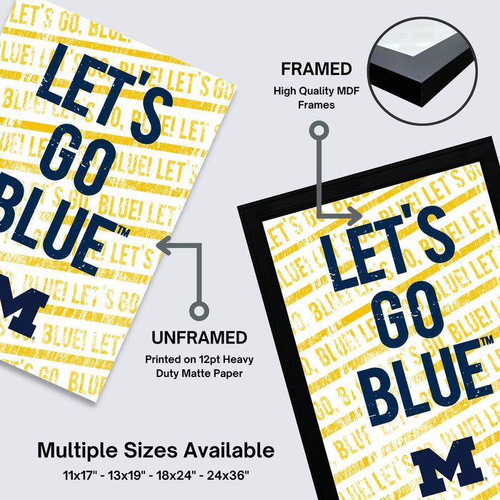 The image is an advertisement for framed and unframed prints of the phrase "Let's go blue" in various sizes, including 11x17, 13x19, 18x24, and 24x36" frames. The text "FRAMED" indicates that the print is framed, while "UNFRAMED" suggests that it is not. The advertisement also highlights the quality of the print materials, with the phrase "High Quality MDF Frames" indicating that the frames are made of Medium-Density Fiberboard (MDF).