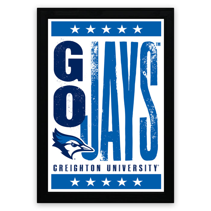 A framed poster with the text "GOJAYS" prominently displayed, along with a blue bird logo and the text "CREIGHTON UNIVERSITY" below.
