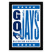 A framed poster with the text "GOJAYS" prominently displayed, along with a blue bird logo and the text "CREIGHTON UNIVERSITY" below.