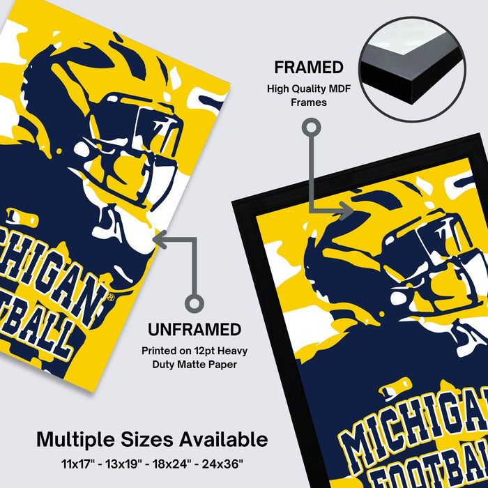 The image is a framed poster of a football player, with the text "Michigan Football" printed on it. The poster is framed in high-quality MDF frames, and it is described as an unframed poster printed on 12pt heavy duty matte paper. Multiple sizes are available, including 11x17 - 13x19" - 18x24" - 24x36" - 24x36" - 24x36" - 24x36" - 24x36" - 24x36" - 24x36".
