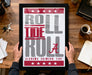 A framed poster with the text "ROLL TIDE A" is being held by a person's hands, with a wooden desk and various items in the background.