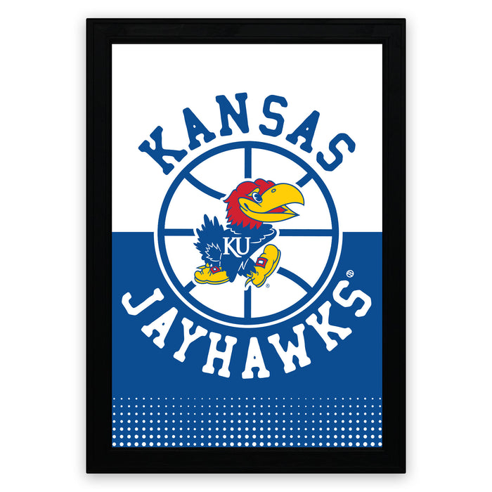 a framed poster with the Kansas Jayhawks logo prominently displayed.
