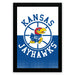 a framed poster with the Kansas Jayhawks logo prominently displayed.