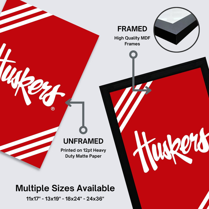 The image is a promotional graphic for a product called "Huskies", which is a high-quality MDF (Magenta Dry Film) frame. The image features two framed and two unframed versions of the product, showcasing the differences in size and quality. The text indicates that multiple sizes are available, including 11x17 - 13x19 - 18x24 - 24x36", which are the dimensions of the frames.