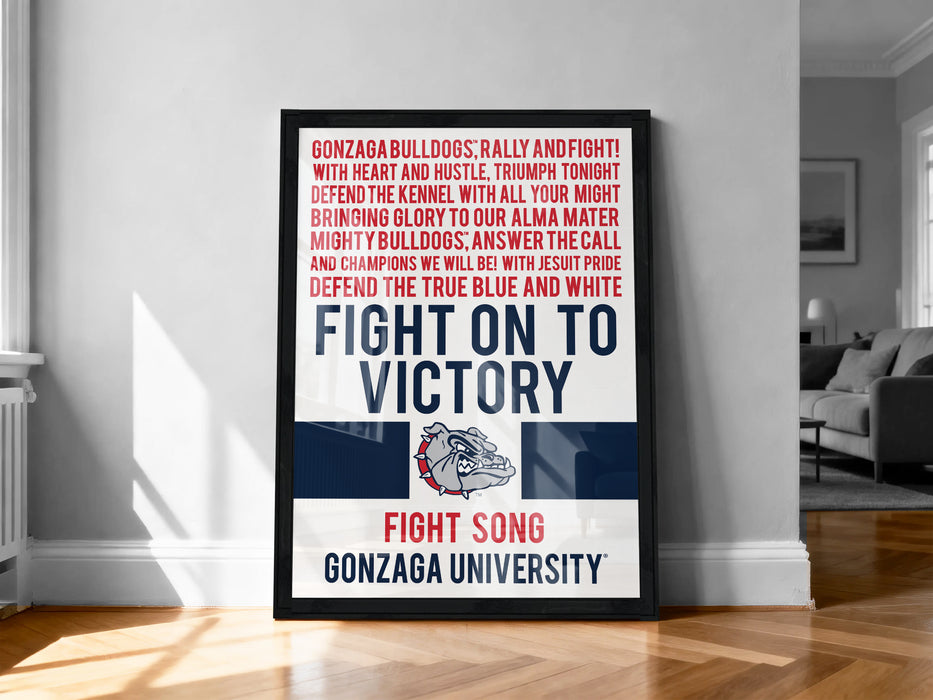 The image is a framed poster with text and a bulldog logo, promoting Gonzaga University.