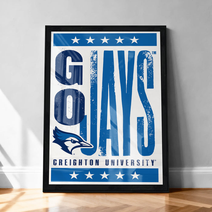 A framed poster with the text "GO JAYS" prominently displayed, along with the logo of Creighton University.