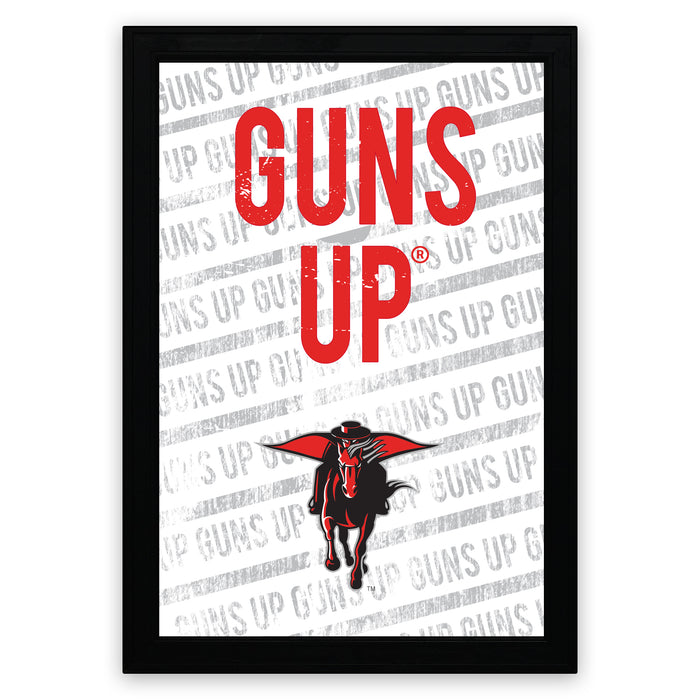 The image is a framed poster with the text "GUNS UP" prominently displayed in the center.