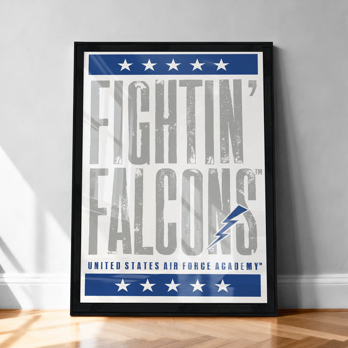 The image is a framed poster with the text "FIGHTIN' FALCONS" and "United States AIR FORCE ACADEMY" printed on it.