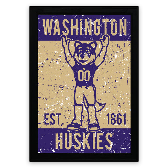 A framed poster featuring a mascot character with raised arms, wearing a jersey with the number 00, and the text "WASHINGTON EST. 1861 HUSKIES" in a distressed, vintage style.