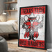 A framed poster featuring a cartoon character with a cowboy hat and gun, representing the Texas Tech Red Raiders.