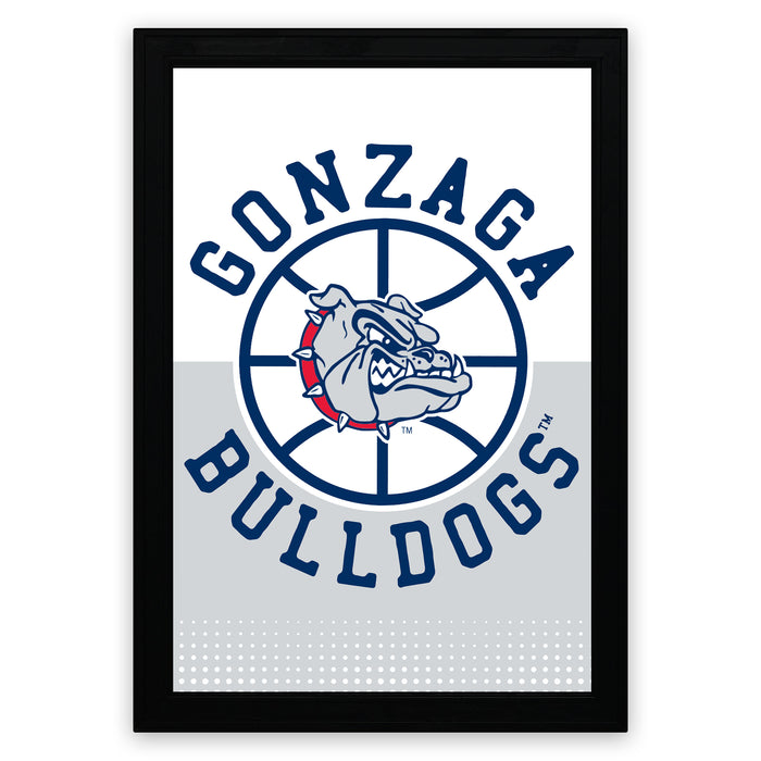 a framed poster with the text "GONZAGA BULLDOGS" and a graphic of a bulldog's head on a basketball hoop.