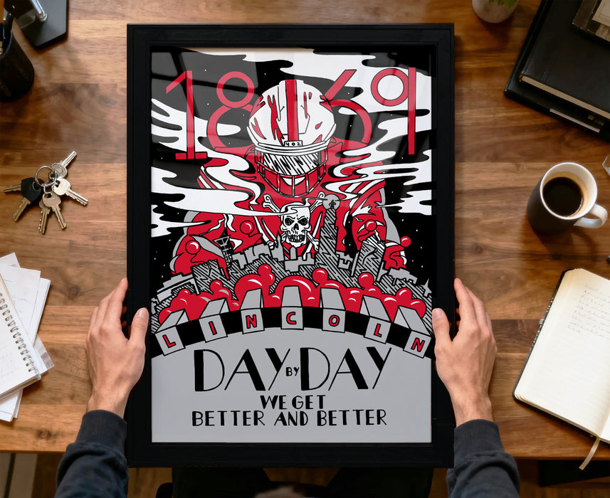 A framed poster with a stylized illustration of a character wearing a hard hat, surrounded by various elements such as buildings, smoke, and text.