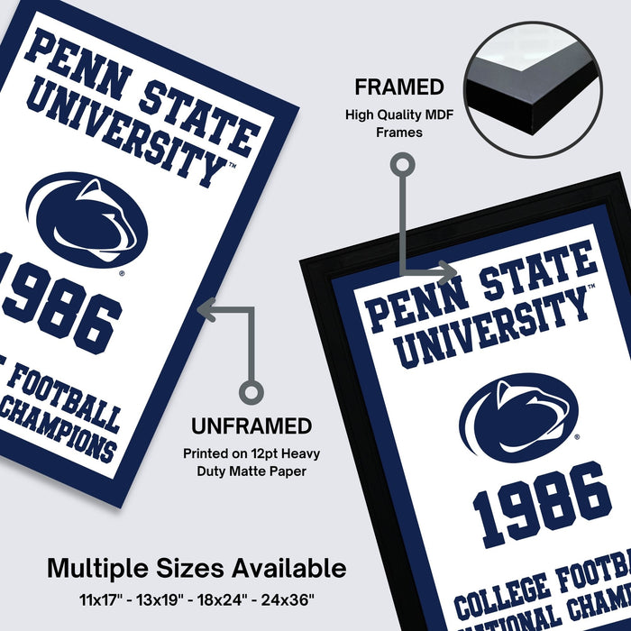 a framed poster of the Penn State University football team from 1986, with a focus on the team's championship title.