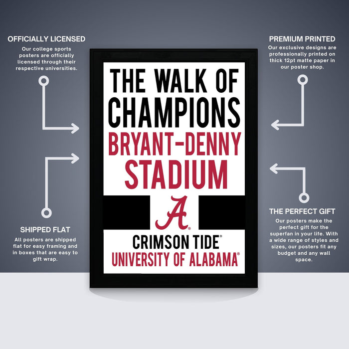 The image is a poster for "The Walk of Champions" featuring the University of Alabama. The poster is officially licensed and is a premium printed poster. It is a perfect gift for the university and is available in boxes that are easy to gift wrap.