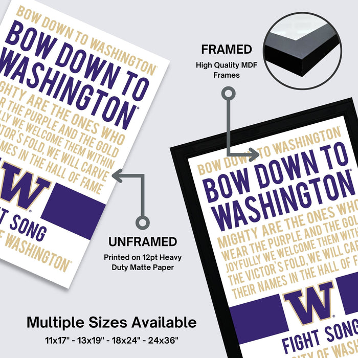 The image is a framed poster advertising a Bow Down to Washington State University fight song. It features the text "BOW DOWN TO WASHINGTON" and "WASATCH", along with the university's logo. The poster is framed with high-quality MDF frames, and it is available in multiple sizes, including 11x17, 13x19, 18x24, and 24x36" inches.