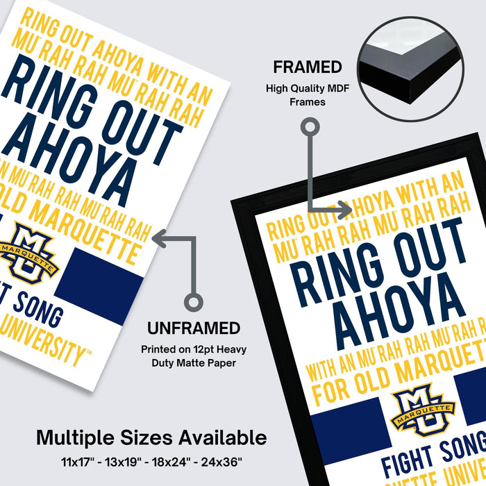 The image is a promotional poster for Marquette University, featuring the university's name and a message about a song. The poster is framed and unframed, with the framed version highlighting the high-quality MDF frames. The poster is available in multiple sizes, including 11x17, 13x19, 18x24, and 24x36 inches.
