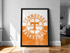 A framed poster of the Tennessee basketball team logo is displayed on a wall in a room.
