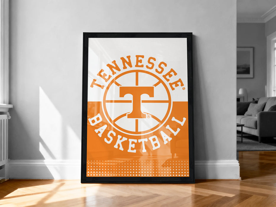 A framed poster of the Tennessee basketball team logo is displayed on a wall in a room.