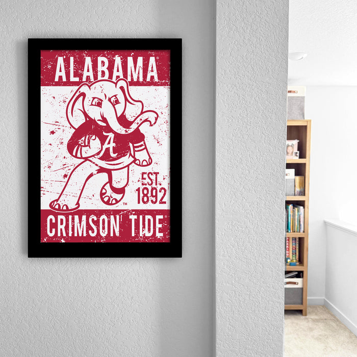a framed poster of an elephant wearing a football jersey with the text "ALABAMA" and "CRIMSON TIDE" printed on it.
