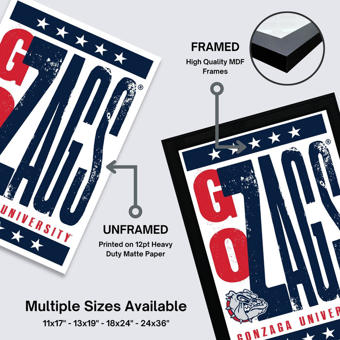 The image is a promotional poster for Gonzaga University, featuring the university's name and logo in bold, red and blue text. The poster is framed and unframed, with the framed version highlighting its high-quality MDF frames. Multiple sizes are available, including 11x17, 13x19, 18x24, and 24x36" frames, as well as a black and white version.