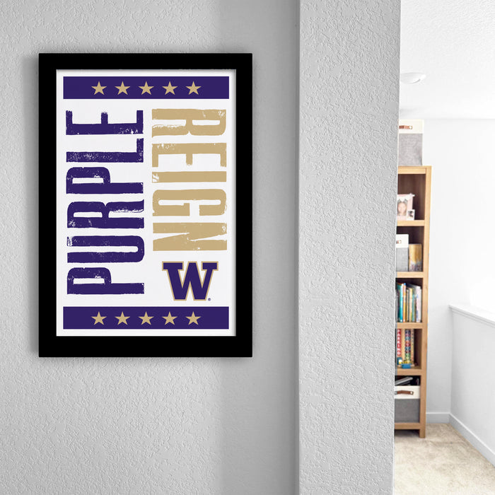 a framed poster with the text "Purple Reign" on it, hanging on a wall.