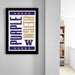 a framed poster with the text "Purple Reign" on it, hanging on a wall.