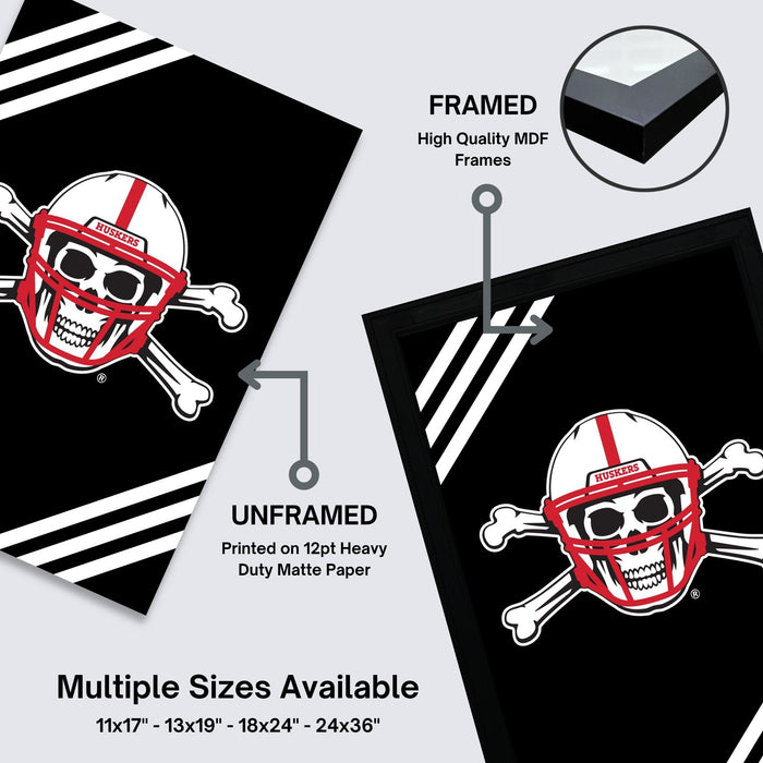 The image is a promotional graphic for framed and unframed prints of a skull and crossbones design, with text indicating the quality of the frames and the available sizes.