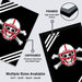The image is a promotional graphic for framed and unframed prints of a skull and crossbones design, with text indicating the quality of the frames and the available sizes.