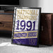 A framed poster celebrating the 1991 Washington Huskies' national championship victory, with the team's logo prominently displayed.