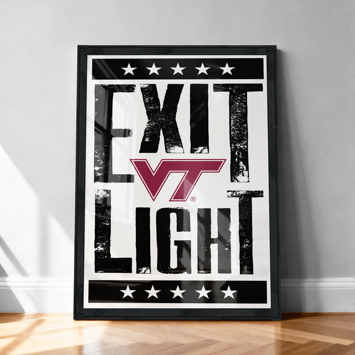 a framed poster with the text "EXIT LIGHT" prominently displayed.