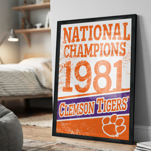 A framed poster celebrating the 1981 National Champions for the Clemson Tigers football team, with the team's logo and the text "NATIONAL CHAMPIONS 1981 CLEMERSON TIGERS" prominently displayed.