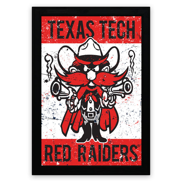 A framed poster featuring a cartoon character with a large mustache and a gun, representing the Texas Tech Red Raiders.