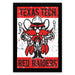 A framed poster featuring a cartoon character with a large mustache and a gun, representing the Texas Tech Red Raiders.