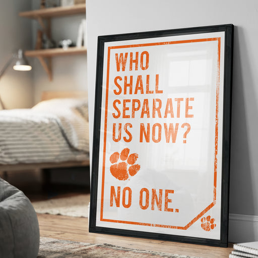 a poster with the text "WHO SHALL SEPARATE US NOW? NO ONE." The poster is displayed on a wall in a room, with a bed and a lamp visible in the background.