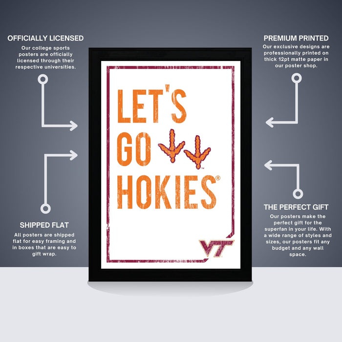 The image is a poster featuring the text "Let's Go Hokies" with an illustration of a pair of orange birds. The poster is described as " Officially Licensed" and "Premium Printed", indicating that it is a high-quality, professionally designed poster. The poster is also described as "Shipped Flat" and "The Perfect Gift", suggesting that it is a convenient and thoughtful gift option.