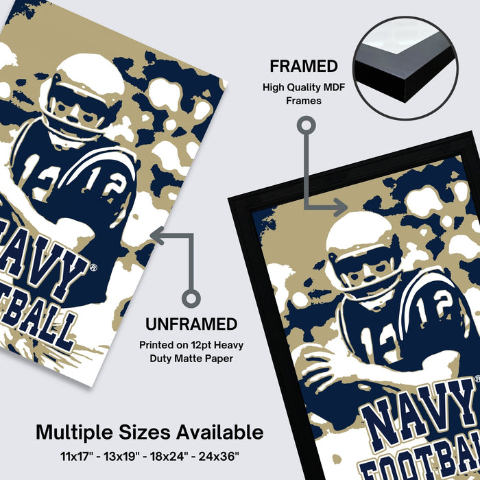 The image is a collage of two framed and two unframed images of a navy football player. The framed image is labeled as "FRAMED" and the unframed image is labeled as "UNFRAMED". The collage also includes text indicating that multiple sizes are available, such as 11x17 - 13x24 - 18x24 - 24x36", and that the navy football player is printed on 12pt heavy duty matte paper.
