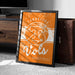 a framed poster with the text "TENNESSEE VIRS BASKETBALL" on it, placed on a carpeted floor next to a wooden chest.