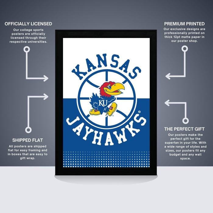 The image is a poster for the Kansas Jayhawks, a college sports team. It features the team's logo and name prominently displayed. The poster is described as " Officially licensed" and "Premium printed", indicating that it is a high-quality, professionally printed poster. The poster is also described as "Shipped flat" and "The perfect gift", suggesting that it is a thoughtful and practical gift option for fans of the Kansas Jayhawks.