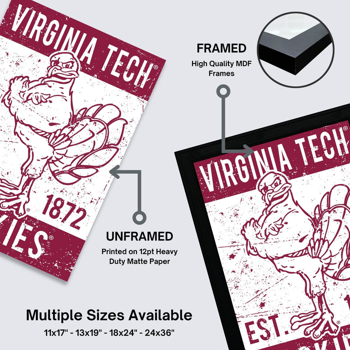 The image is a framed poster for Virginia Tech, featuring a large illustration of a turkey and the university's name. The poster is framed in high-quality MDF frames, and it is available in multiple sizes, including 11x17, 13x19, 18x24, and 24x36" frames.