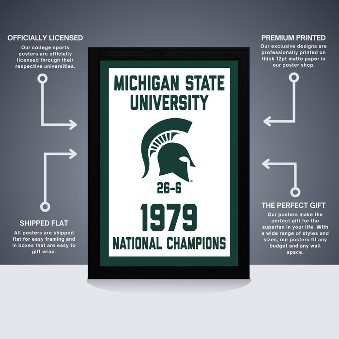 The image is a framed poster featuring the Michigan State University logo and text, with arrows pointing to the poster and text indicating that it is a "Premium Printed" poster.