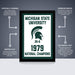 The image is a framed poster featuring the Michigan State University logo and text, with arrows pointing to the poster and text indicating that it is a "Premium Printed" poster.