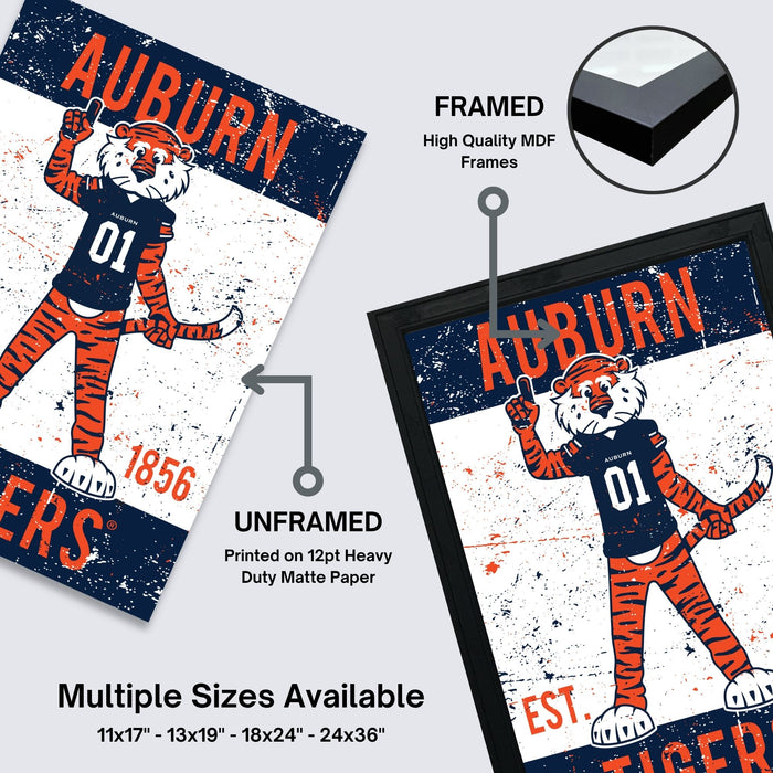 The image is a framed poster featuring the Auburn Tigers, a professional American football team. The poster is framed in high-quality MDF frames, and it is available in multiple sizes, including 11x17, 13x19, 18x24, and 24x36" frames.
