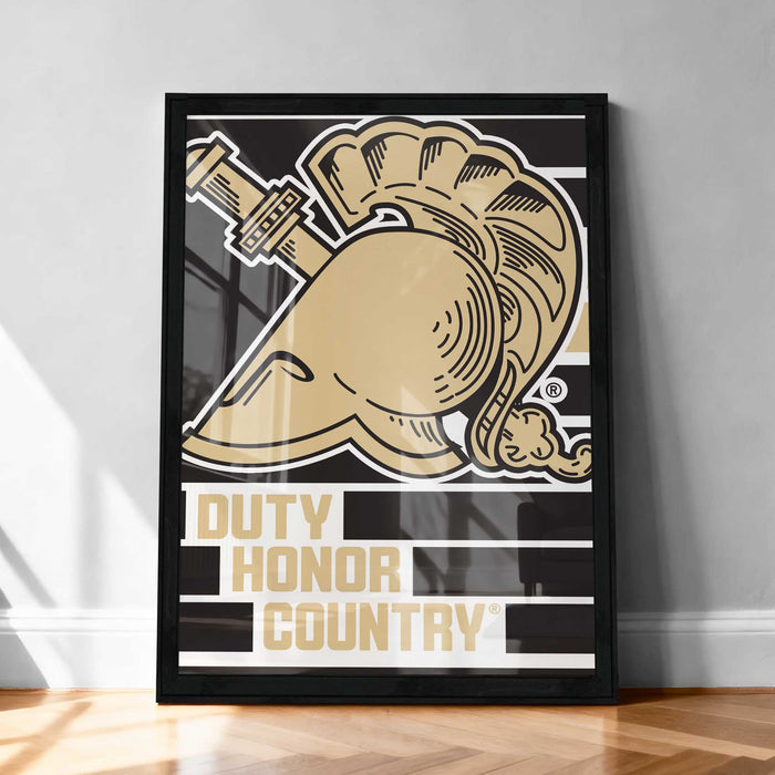 The image is a framed poster with a stylized design featuring a golden helmet or emblem, along with the text "DUTY HONOR COUNTRY".